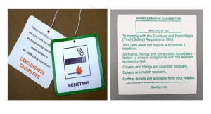 Example furniture fire-safety labels showing cigarette and match resistance information and compliance with UK fire-safety regulations.