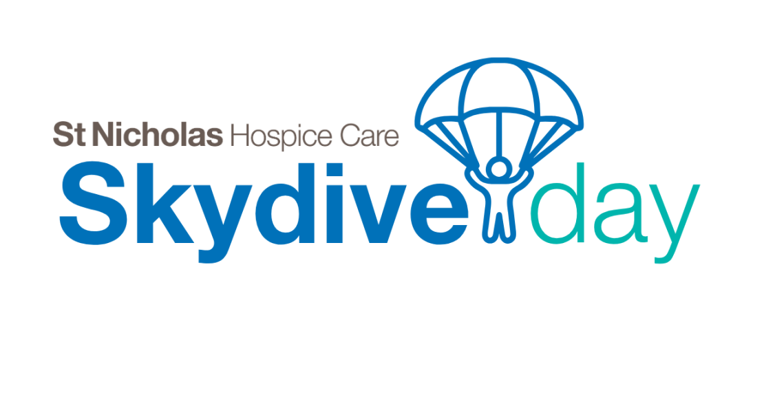Skydive Day logo in blue and teal font, featuring line drawing of skydiver