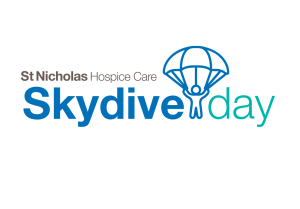Skydive Day logo in blue and teal font, featuring line drawing of skydiver