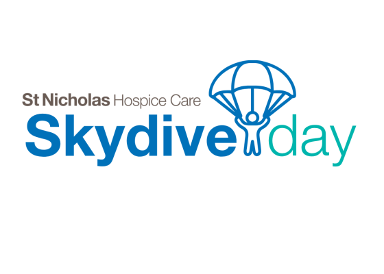 Skydive Day logo in blue and teal font, featuring line drawing of skydiver