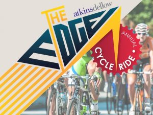 group of cyclists with logo for The Edge cycle ride and sponsors Atkins Dellow