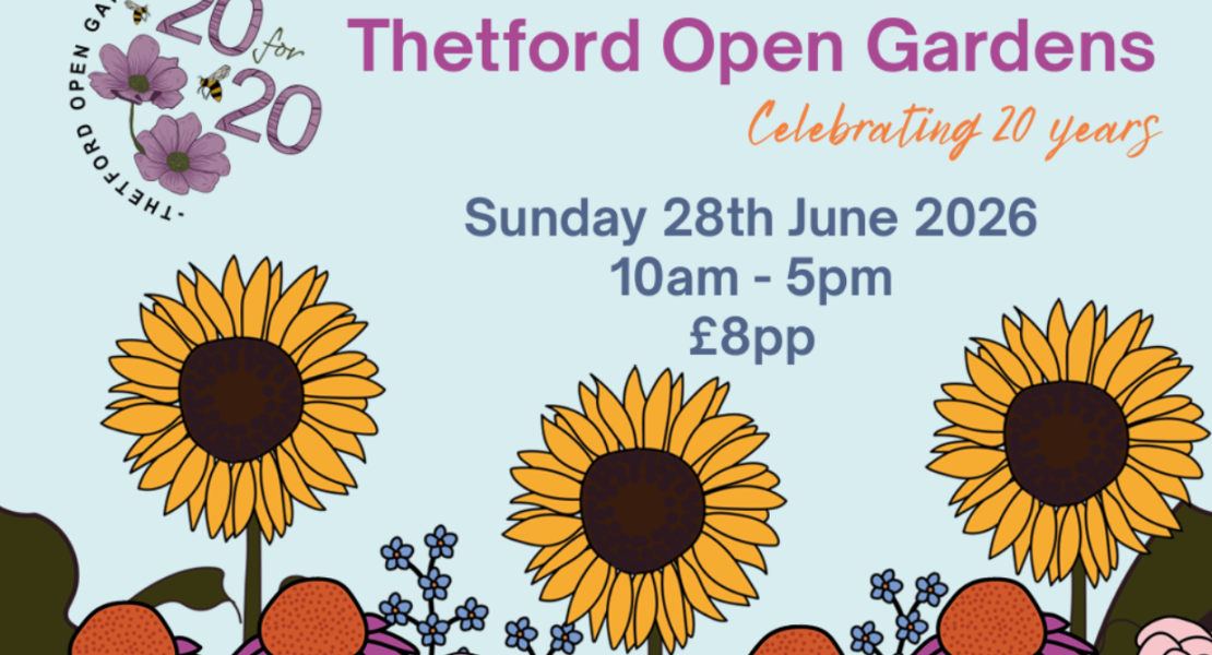 Poster for Thetford Open Gardens event celebrating 20 years, Sunday 28 June 2026, 10am to 5pm, £8 per person, with illustrated sunflowers and flowers