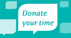 turquoise speech bubble with the words 'donate your time'