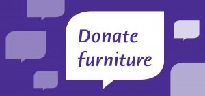 purple speech bubble with the words 'donate furniture'