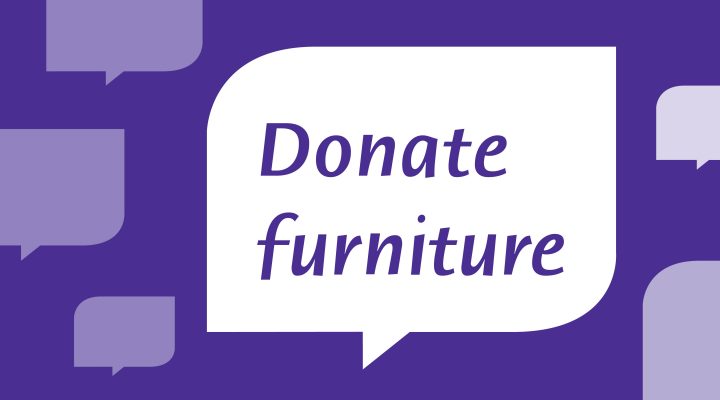 purple speech bubble with the words 'donate furniture'