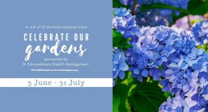 celebrate our gardens event details alongside blue flowers