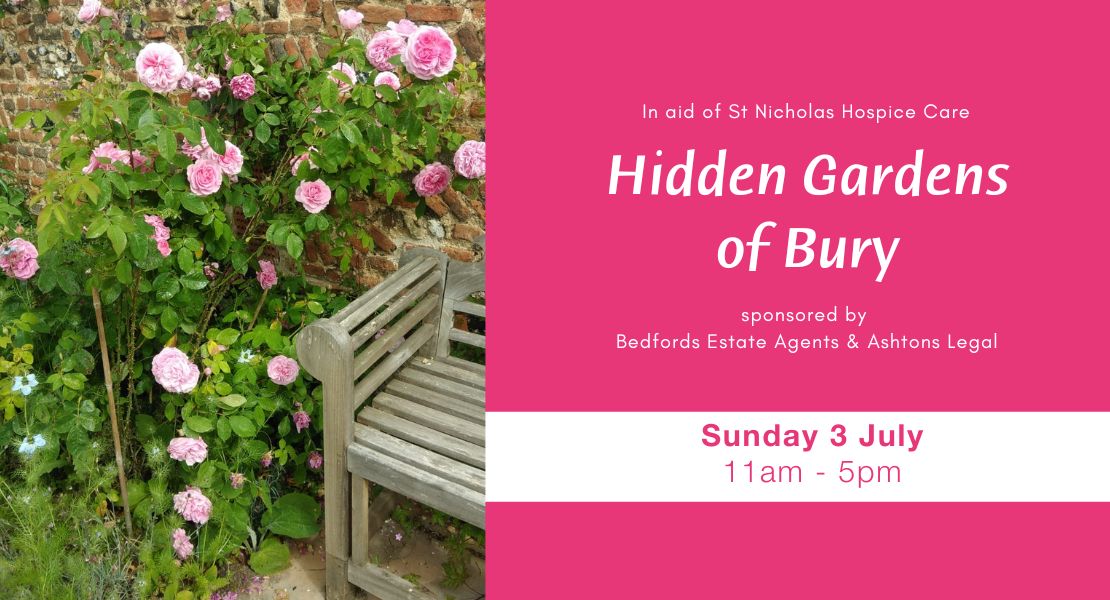 hidden gardens of bury event details alongside pink flowers