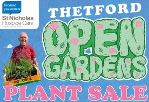 Thetford Open Gardens logo and man holding tray of plants
