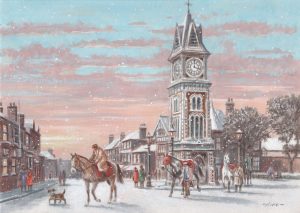 Painted scene of Newmarket clock tower in the snow