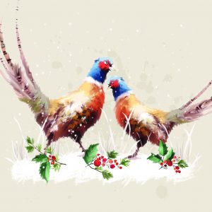 painting of two pheasants in the snow