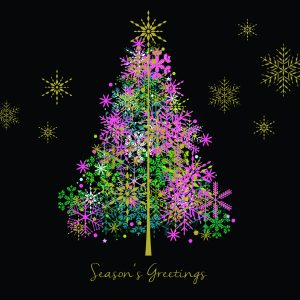 purple and green stylised christmas tree against a black backgroun