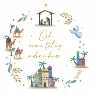elements of the Nativity scene in a circle around the words 'Oh come let us adore him'
