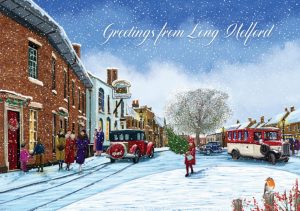 Painted scene of Long Melford high street in the snow