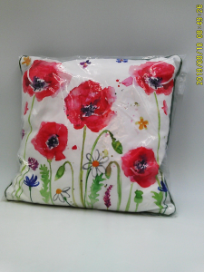 white square cushion with poppy design