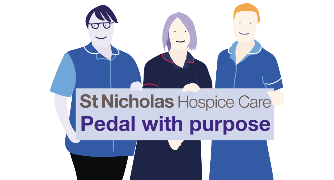 Illustration of three St Nicholas Hospice Care Clinical Staff holding a banner that reads Pedal with purpose