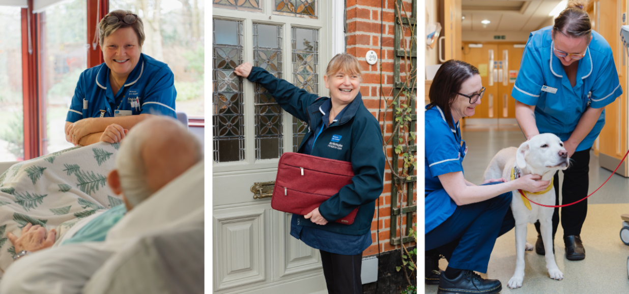 Three photos showing hospice staff at work, one talking to a patient in a bed, one in the community knocking on a front door and two hospice clinicians petting a dog who is visiting a patient on the ward