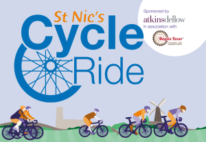 Banner illustrating St Nic's Cycle Ride logo, smiling cyclists riding through scenic countryside, sponsor and event partner logos