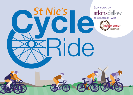 Banner illustrating St Nic's Cycle Ride logo, smiling cyclists riding through scenic countryside, sponsor and event partner logos