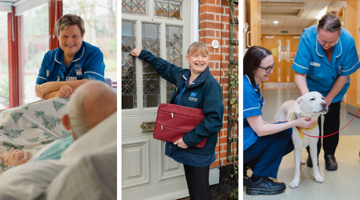 Three images of Hospice nurses, one with a patient, one in the community at a front door, and two staff with a dog visiting the ward