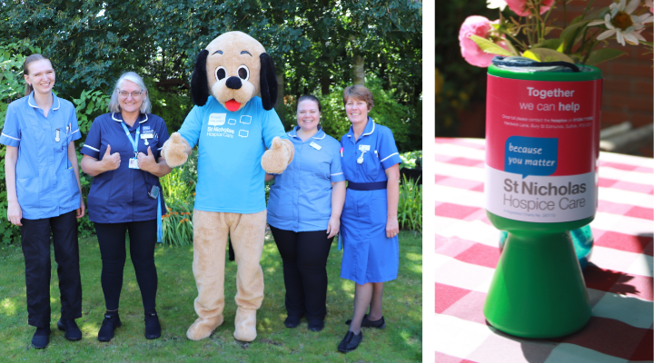 nurses with the Hospice's mascot and a collecting tin