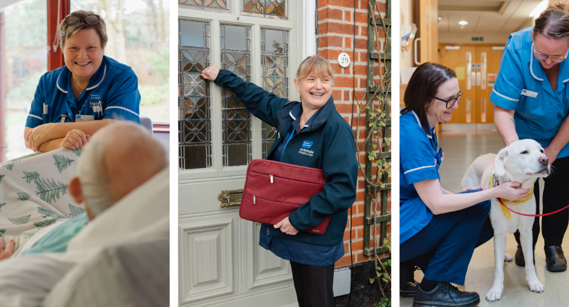 Three images of Hospice nurses, one with a patient, one in the community at a front door, and two staff with a dog visiting the ward