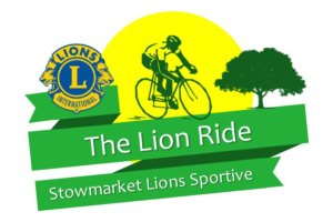 cyclist against a yellow sun and green tree background with the words The Lion Ride Stowmarket Lions Sportive underneath