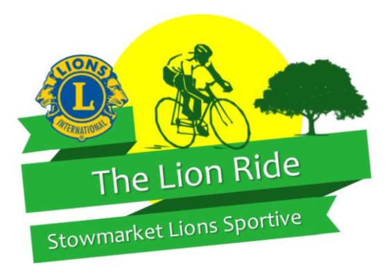 cyclist against a yellow sun and green tree background with the words The Lion Ride Stowmarket Lions Sportive underneath