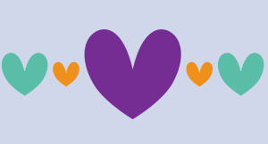 purple, orange and green heart illustrations against a blue background