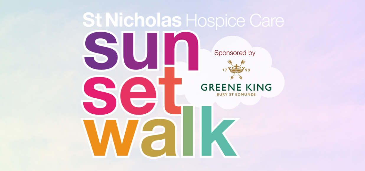 Banner featuring the Sunset Walk logo with sponsors, Greene King's logo