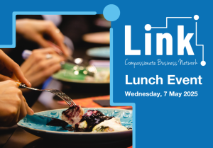 Graphic promoting the Link Networking Lunch Event with plates of food and people eating.