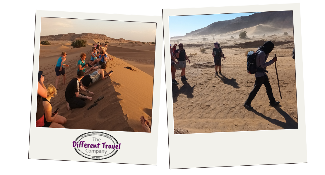 polaroid photos featuring people sitting on and trekking across sand dunes