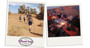 polaroid photos featuring people walking across dunes and sharing a meal in the desert at night