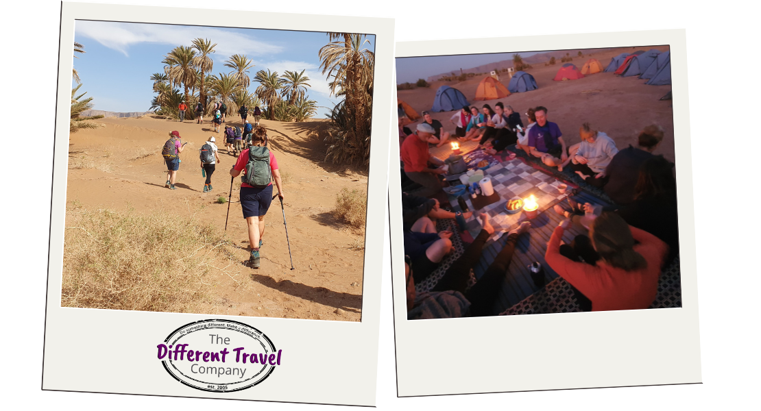 polaroid photos featuring people walking across dunes and sharing a meal in the desert at night