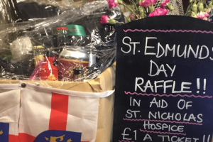 St Edmunds Day Raffle sign with hamper