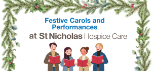 Choir singers surrounded by festive wreath and lights