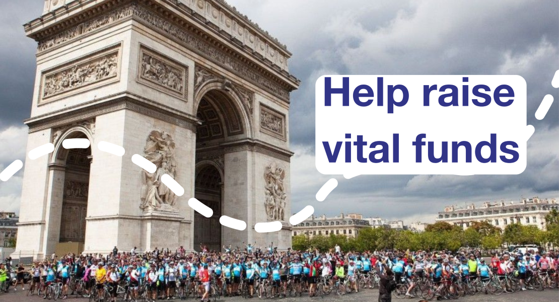 Dozens of charity cyclists gathered at the Arc de Triomphe