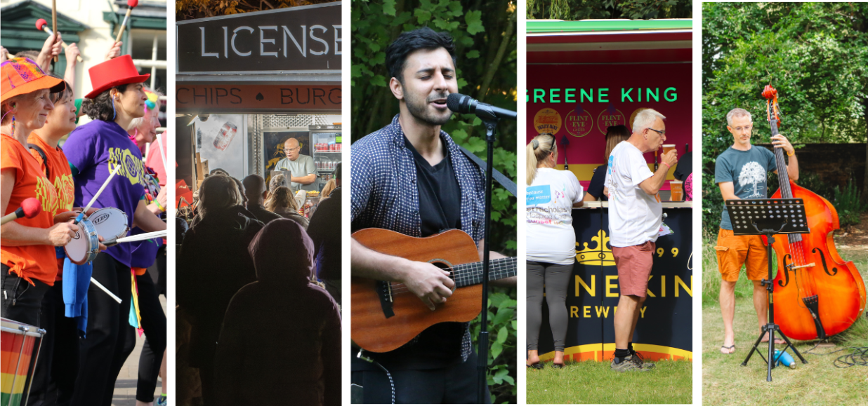 Photos of musicians and food vendors at Hospice events