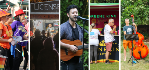 Photos of musicians and food vendors at Hospice events