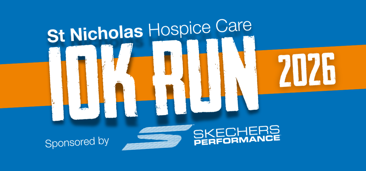 Blue and orange promotional banner for “St Nicholas Hospice Care 10K Run 2026.” Large distressed white text reads “10K RUN,” with “2026” on the right over an orange stripe. Smaller text at the top reads “St Nicholas Hospice Care,” and at the bottom “Sponsored by Skechers Performance” alongside the Skechers logo.