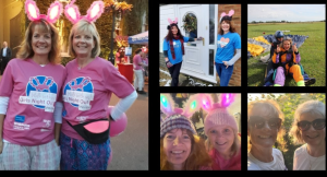 Collection of photographs showing hospice fundraising and remembrance activities, including charity walks, costumes, a skydive, and people wearing pink event T-shirts in memory of Dick Rutherford.