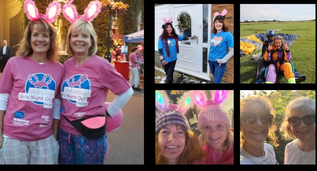 Collection of photographs showing hospice fundraising and remembrance activities, including charity walks, costumes, a skydive, and people wearing pink event T-shirts in memory of Dick Rutherford.