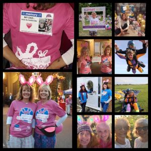 Collection of photographs showing hospice fundraising and remembrance activities, including charity walks, costumes, a skydive, and people wearing pink event T-shirts in memory of Dick Rutherford.