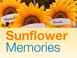 Close-up of sunflower-shaped memorial markers labelled “Paula” and “Cilla”, with another marker reading “Nanny” partially visible among flowers.