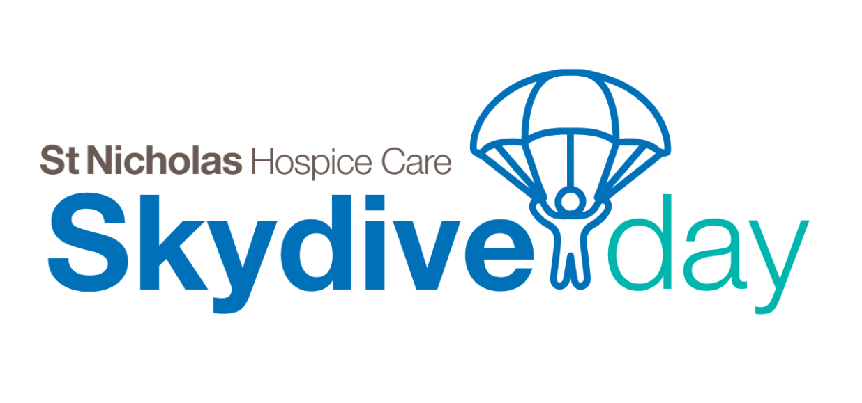 Skydive Day logo in blue and teal font, featuring line drawing of skydiver