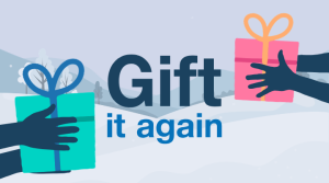 Illustration of two hands exchanging wrapped gifts with the text “Gift it again” on a winter-themed background.