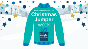 Illustration of a turquoise Christmas jumper featuring the “Be the gift that matters” gift design and the text “St Nicholas Hospice Care Christmas Jumper Week”.