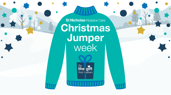 Illustration of a turquoise Christmas jumper featuring the “Be the gift that matters” gift design and the text “St Nicholas Hospice Care Christmas Jumper Week”.