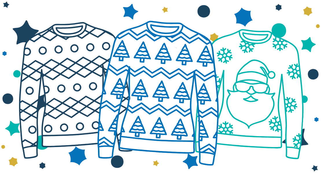 Illustration of three festive Christmas jumpers with different seasonal patterns, including geometric shapes, Christmas trees and a Santa design.
