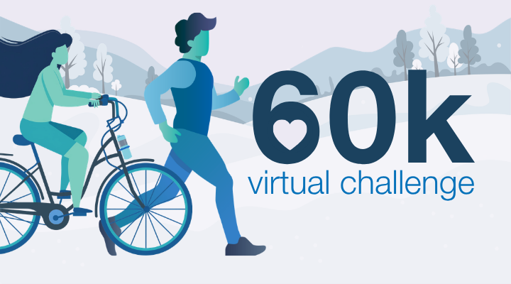 Illustration of a person cycling and a person running beside the text “60K virtual challenge” on a winter landscape background.