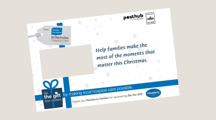 Promotional letter design for the Be the Gift campaign showing the message “Help families make the most of the moments that matter this Christmas” and sponsor branding.